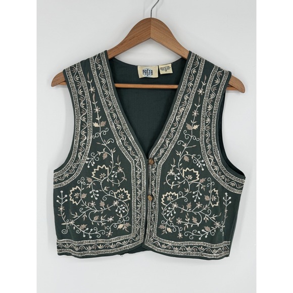 Pasta Jackets & Blazers - Vintage Pasta Women's Vest Cottagecore Leaves Green Size Medium Embroidered N2